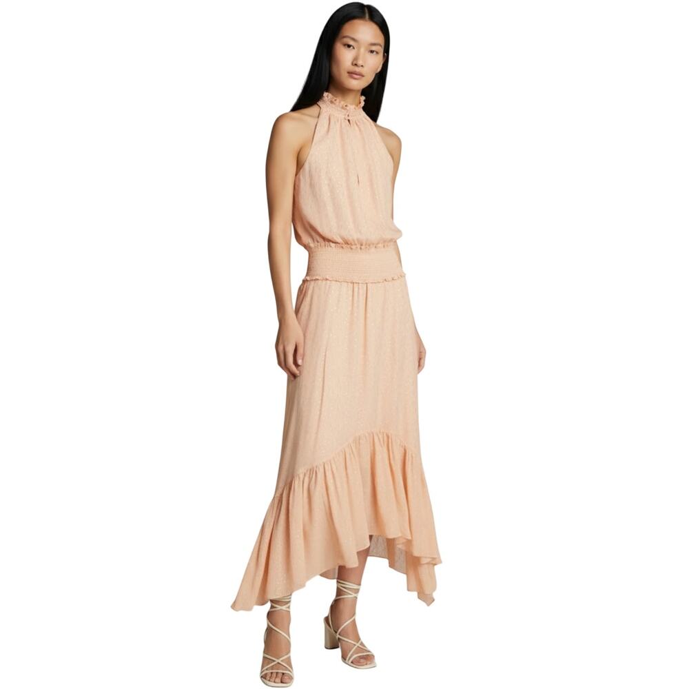 A.L.C. Kaia Halter Neck Blush Smocked Silk Metallic Midi Dress Size 8 NWT